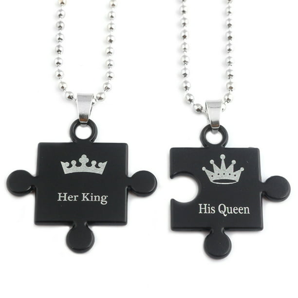 King Queen Crown Jigsaw Pinkie Promise Stainless Steel Pendant Necklace